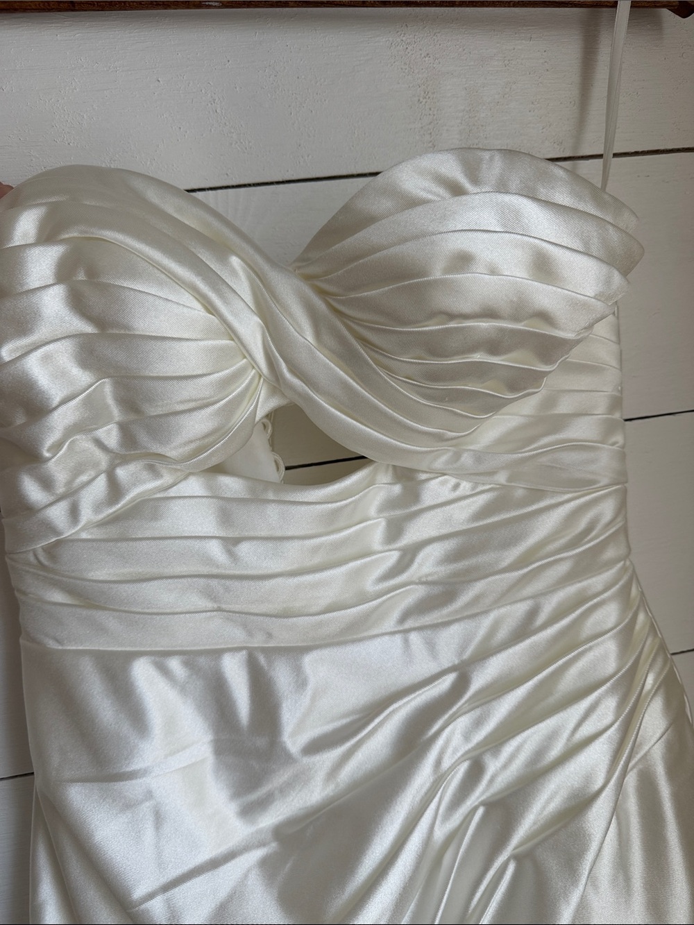 White Satin Strapless Mini Dress with Draped Bodice - Picture 2 of 7